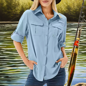 Camisa Azul Claro con Botones para Mujer, con Bolsillos en el Pecho, Manga Larga, Estilo Casual, Color Sólido - Product Image 4