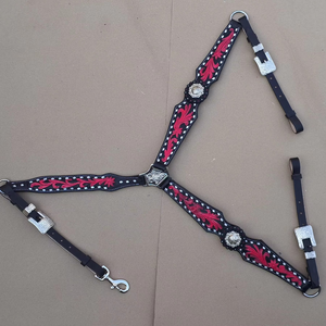 Juego de arreos ecuestres personalizados hechos a mano y duraderos, con estampado multicolor, cabezada de cuero, pechera a juego, riendas y halter. - Product Image 3