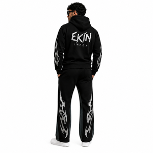 Ensemble survêtement homme avec sweat à capuche zippé et pantalon de survêtement imprimé flamme noire - Product Image 4