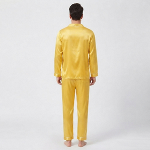 Men's Silk Satin 2-Piece Pajamas Set Custom Solid Yellow Breathable Eco-Friendly Long Sleeve Sleepwear with Chest Pocket - Product Image 2
