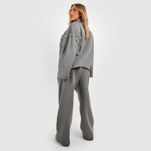 <b>womens</b> grey <b>half</b> <b>zip</b> chest pocket <b>sweatshirt</b> and wide leg jogger pants tracksuit set activewear outfit - Product Image 2