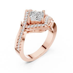 Impresionante Anillo de Compromiso Art Deco con Moissanita Corte Princesa y Halo, Detalles Pavé en Forma de Rombo, Oro Rosa, Plata, Acero Inoxidable, para Propuesta - Product Image 3