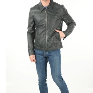 Chaqueta de Cuero Genuino de Piel de Vaca con Grabado de Avestruz para Hombre, Corte Ajustado, Cuello Vuelto, Cierre de Cremallera Resistente, Muestra Directa de Fábrica - Product Image 1