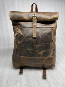 Genuine Leather <b>Roll</b> Top <b>Backpack</b> Minimalist Urban Laptop Bag Cowhide Travel Rucksack for Men Factory OEM LTBP-0055 - Product Image 2