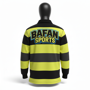 Polo de rugby pour homme en coton et polyester tricoté, rayé noir et jaune, avec patch personnalisé, pour chemises polo - Product Image 2