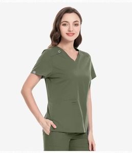 Women Olive Green V Neck Scrub Top Short Sleeve Hospital Uniform Polyester Cotton Woven Fabric - Product Image 1