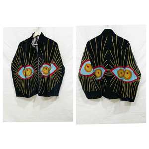 Veste en velours noir brodée motif œil avec col montant, manches longues, fermeture éclair, design fait main, manteau d'automne pour femme - Product Image 2