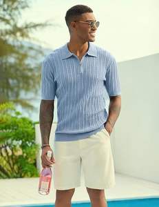 Chemises polo à col zippé pour hommes, en tricot texturé, décontractées, à manches courtes, légères, pour les vacances, pour le golf - Product Image 3