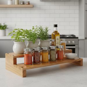 Étagère à épices en bois pour la cuisine, organisateur à 2 niveaux, étagère de rangement en bois rustique pour comptoir, pour les pots à épices, les bouteilles de masala - Product Image 3