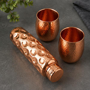 Royal Wave Dimple Copper Bottle With Hammered Glasses Portable Travel Drinkware Traditional Design - Product Image 4