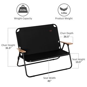 Sedia da Campeggio Portatile per 2 Persone con Braccioli in Legno e Portabicchieri per Spiaggia e Viaggi all'Aperto - Nera - Product Image 3