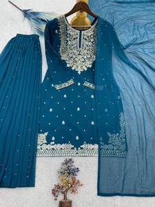 Traje Salwar de Seda para Mujer, Estilo Indio-Pakistaní, Sharara Gharara, Color Cielo, para Fiestas, Bodas, Uso Casual, Estilo Tradicional, para Todas las Temporadas - Product Image 3