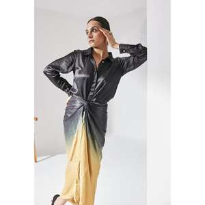 Robe longue évasée pour femme avec manches boutonnées, élégante et décontractée, idéale pour le bureau ou les soirées, taille naturelle - Product Image 2