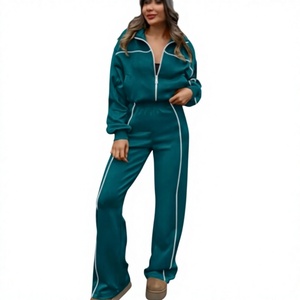<b>Women</b> Satin <b>Tracksuit</b> Set 2 Piece Full Sleeve Zip Up Top High Waist Wide Leg Pants Solid Color <b>White</b> Piping Casual Wear - Product Image 2