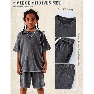 Men Lightweight Summer Acid Wash <b>Set</b> T Shirt Shorts 2 Piece Outfit Cotton Breathable Loose Fit Streetwear - Product Image 2