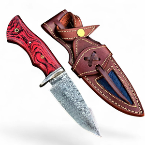 Couteau de camping plein pied en acier Damas de qualité industrielle, le plus vendu, avec manche en bois Pakka et étui en cuir, OEM - Product Image 1