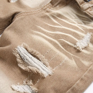 Shorts en jean délavé kaki clair pour homme, coupe déchirée, ourlet brut, cinq poches, style streetwear décontracté, mode estivale - Product Image 4