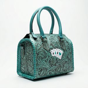 Bolso de Viaje Mini Speedy de Cuero Genuino 100% Color Azul Cielo Personalizado, Diseño Floral Tallado a Mano con Ases de Cartas - Product Image 2