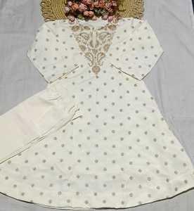 Ivory Embroidered Silk <b>Kurta</b> Palazzo Set <b>Women</b> Traditional Regular Fit Floor-Length Quick Dry Outfit India Pakistan Casual Wear - Product Image 2