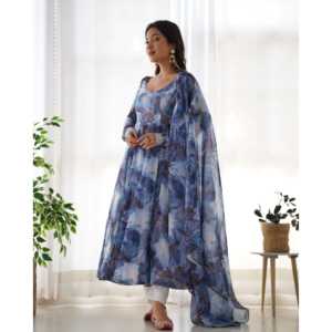 Magnifique robe Anarkali pour les fêtes, style simple, pantalon et dupatta en tissu de chiffon. - Product Image 2