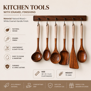 Ensemble d'ustensiles de cuisine en bois écologiques de qualité alimentaire de luxe 6 pièces |   Ustensiles de cuisine en bois naturel avec poignées en émail blanc, faits à la main - Product Image 1