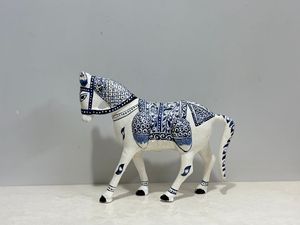 Handcrafted Metal Blue Pottery Horse Figurine Floral Enamel Design NIRMALA HANDICRAFTS Traditional Indian Home Tabletop - Product Image 2