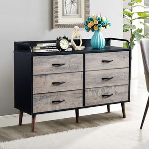 Commode contemporaine à 6 tiroirs en chêne avec tiroirs pliables en tissu gris et noir pour le rangement en appartement - Product Image 2