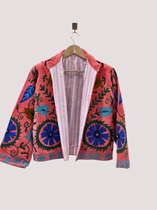 Chaqueta de Terciopelo con Bordado Floral a Mano, Cuello Mandarín, Manga Larga, Talla Grande, Estilo Prairie Chic para Mujer, Primavera - Product Image 2