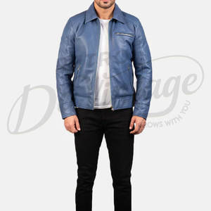 เสื้อแจ็คเก็ตหนังแท้สีฟ้าสำหรับผู้ชาย พรีเมียม ทรงคลาสสิก คอปกเสื้อเชิ้ต ทรงเข้ารูป หนังแท้เนื้อนุ่ม สวมใส่สบาย เหมาะสำหรับฤดูหนาว - Product Image 3