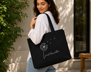 Just Breathe Dandelion <b>Canvas</b> <b>Tote</b> Bag Large Size Daily Shopping Bag Hand Length Handle Black - Product Image 3