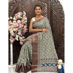 IMPRESIÓN DIGITAL DE SEDA FANCY DOLA CON FRONTERA KANJIVARAM WORK SAREE CON BOLUSE DESCOSTADO GRIS - Product Image 1