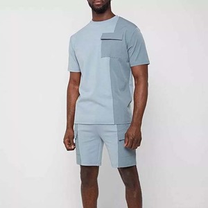 Ensemble T-shirt et short d'été pour homme, col rond, tricoté, 100 % coton, respirant, style décontracté, color block - Product Image 1