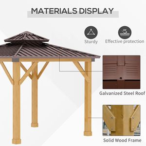 Gazebo con Tetto Rigido 3x3 Metri, Struttura in Legno Massello e Tetto a Doppio Livello in Acciaio per Villa, Cortile, Parco, Colore Marrone - Product Image 4