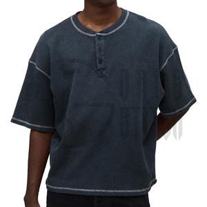 เสื้อยืดเฮนลีย์ทรงโอเวอร์ไซส์แบบวาฟเฟิลถักสำหรับผู้ชาย ผลิตจากผ้าฝ้าย 100% เป็นมิตรต่อสิ่งแวดล้อม เนื้อผ้าหนา ซักแบบวินเทจ ทรงไหล่ตก รับผลิตแบบ OEM ODM - Product Image 1