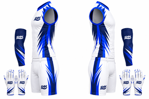 Ensemble d'uniformes de football 7v7 personnalisés blanc et bleu roi, comprenant un maillot sans manches, un short de compression, des manchons de bras et des gants de receveur pour équipes - Product Image 4