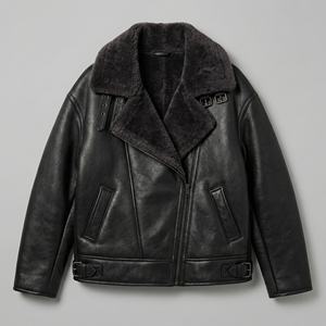 Chaqueta Bomber Negra de Piel de Oveja |   Chaqueta de Cuero Estilo Aviador para Invierno |   Fabricante de Marca Privada OEM Personalizado - Product Image 1