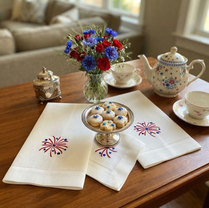 Wholesale Custom White <b>Linen</b> Guest Towel Embroidered Firework Machine Washable Hemstitch Tea Napkins Home Hotel Holidays - Product Image 2