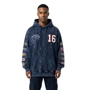 Custom Varsity Number 16 Sleeve Graphics <b>Navy</b> Acid Wash Hoodie Cotton <b>Fleece</b> Retro Sport Streetwear Dark Faded Texture Hoodies - Product Image 1
