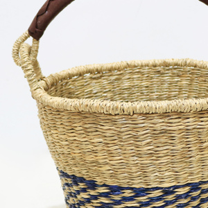 Panier de rangement rustique écologique en jonc de mer avec poignée en cuir, forme ronde, multifonctionnel, décoration d'intérieur - Product Image 2