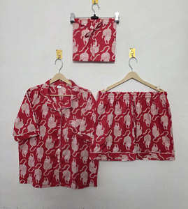 Ensemble de pyjama en coton tissé à imprimé léopard rouge élégant, vêtements de nuit légers pour l'été, respirants, de haute qualité, ensemble deux pièces - Product Image 1