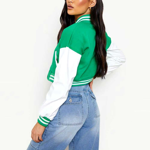 Green White Color Block Varsity Jacket Regular Sleeve Turn-down Collar <b>Button</b> Closure Casual Loose Fit Autumn Style - Product Image 3