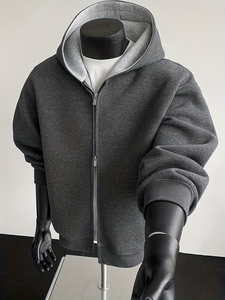 Sweat à capuche polaire brodé 100 % coton épais 430G pour homme – Veste d'hiver tendance style américain coupe ample bicolore - Product Image 2