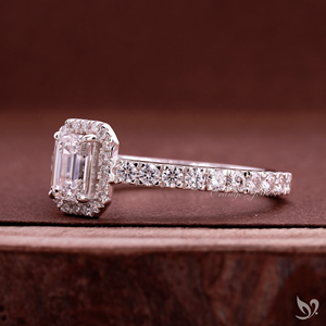 0.5 Carat Emerald Cut Halo <b>Diamond</b> <b>Ring</b> Lab Grown Stone Pave Band White Gold Engagement <b>Ring</b> - Product Image 2