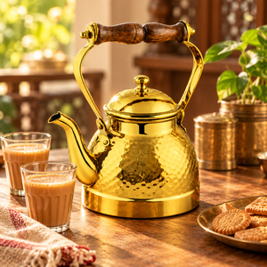 Bouilloire à thé en acier inoxydable martelé avec poignée en bois, 1,5 L, finition dorée, pot à eau pour servir le thé et le café - Product Image 6