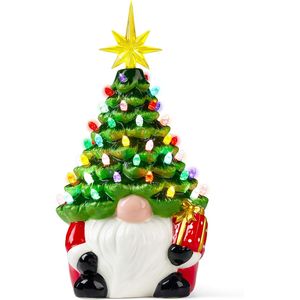 Albero di Natale in Ceramica con 12 Gnomi, 60 Luci LED, Decorazione da Tavolo, Design a Tema Natalizio - Product Image 1