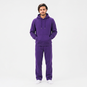 Customized Unisex <b>Purple</b> Solid Hooded Tracksuit Set Full Sleeve Casual Sweatshirt Pants Regular Fit Heavyweight Cotton Winter - Product Image 1
