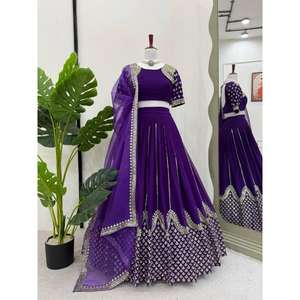 Faux Gorgette Work Thread con Sequnce Lehengha en tamaños de hasta 44 pulgadas Juego de Choli personalizable - Product Image 1