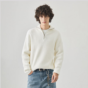 <b>Men's</b> Beige Mandarin Collar Ribbed Knit Cardigan Full Sleeve Solid Color Anti-Pilling Winter Wear - Product Image 1