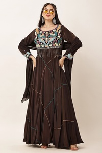 Vestido largo tradicional indio tejido para mujer, color marrón, con cuentas, lentejuelas, corte cut-dana y adornos de piedras, con dupatta de gasa. - Product Image 4