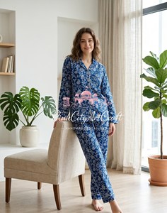 Premium Indigo Blue Hand-Block Floral Print Cotton Summer Quick Dry Breathable Lightweight Women's 2-Piece Pajamas Set - Product Image 2
